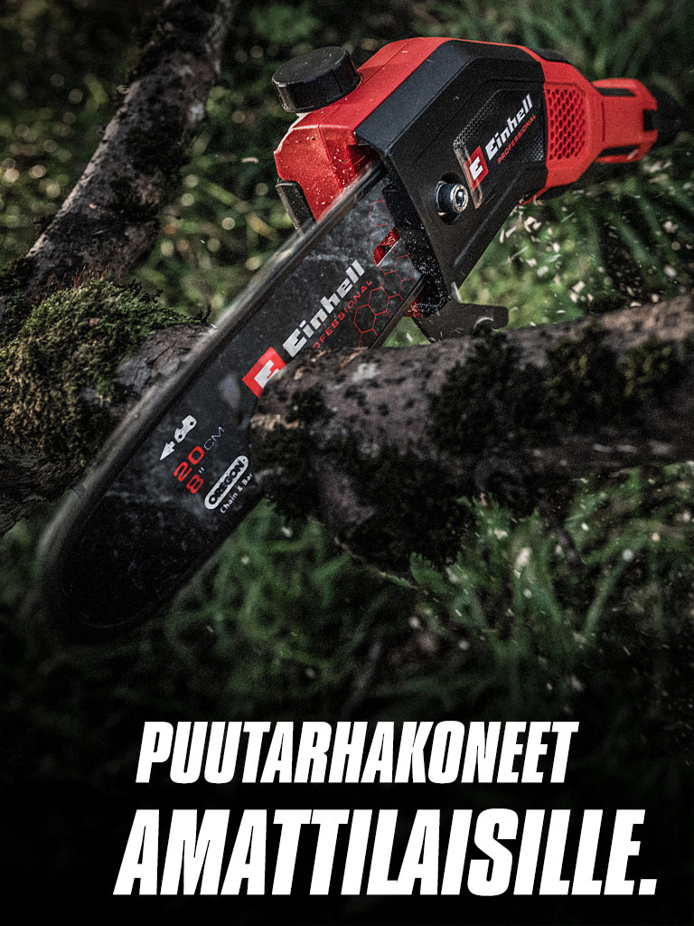 Punaisella akkuketjusahalla leikataan oksaa. Tekstinä "Puutarhakoneet ammattilaisille".