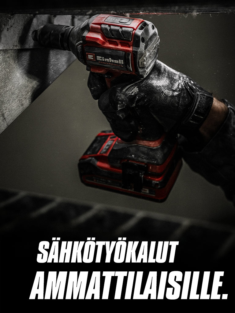 Punaista akkukäyttöistä iskevää mutterinväännintä käytetään metallitankoon. Teksti "Sähkötyökalut ammattilaisille".