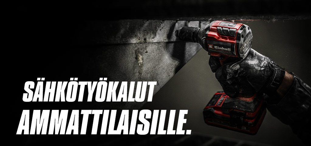 Punaista akkukäyttöistä iskevää mutterinväännintä käytetään metallitankoon. Teksti "Sähkötyökalut ammattilaisille".