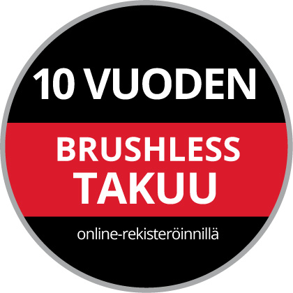 Pyöreä takuutunnus, jossa lukee "10 vuoden takuu Einhell Brushless -moottoreille, verkkorekisteröinnillä", mustalla ja punaisella taustalla.