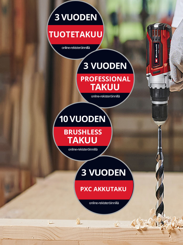 Täällä voit nähdä miehen työpajassa, jossa Einhell-porakone on käytössä. Lisäksi kuvalle on lisätty kuvakkeet eri takuun laajennustyypeille. Seuraavat takuun laajennukset ovat mahdollisia: ‘Tuotetakuu’, ‘Professional warranty’, ‘Brushless warranty’ ja ‘Akkutakuu’.