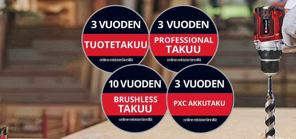 Täällä voit nähdä miehen työpajassa, jossa Einhell-porakone on käytössä. Lisäksi kuvalle on lisätty kuvakkeet eri takuun laajennustyypeille. Seuraavat takuun laajennukset ovat mahdollisia: ‘Tuotetakuu’, ‘Professional warranty’, ‘Brushless warranty’ ja ‘Akkutakuu’.