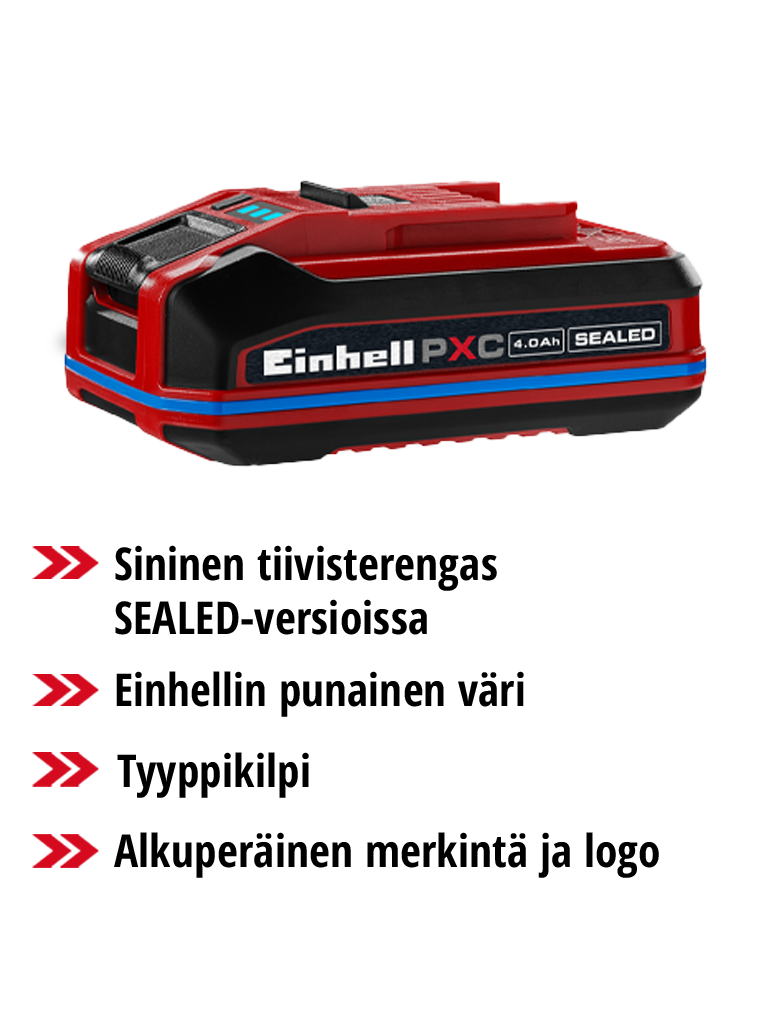 Einhell Power X-Change -akku punaisella rungolla, mustalla yläosalla ja sinisellä tiivisterenkaalla, SEALED-versio, merkintä Einhell PXC 4,0 Ah SEALED