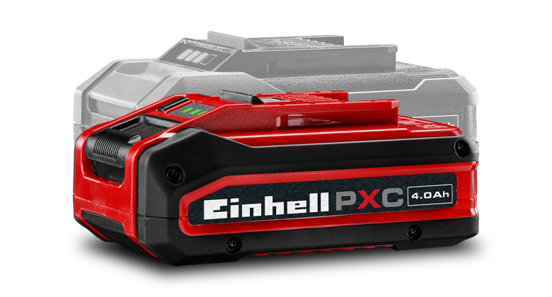 Einhell Power X-Change -akku 4,0 Ah kapasiteetilla värillisenä etualalla, taustalla harmaasävyinen akku