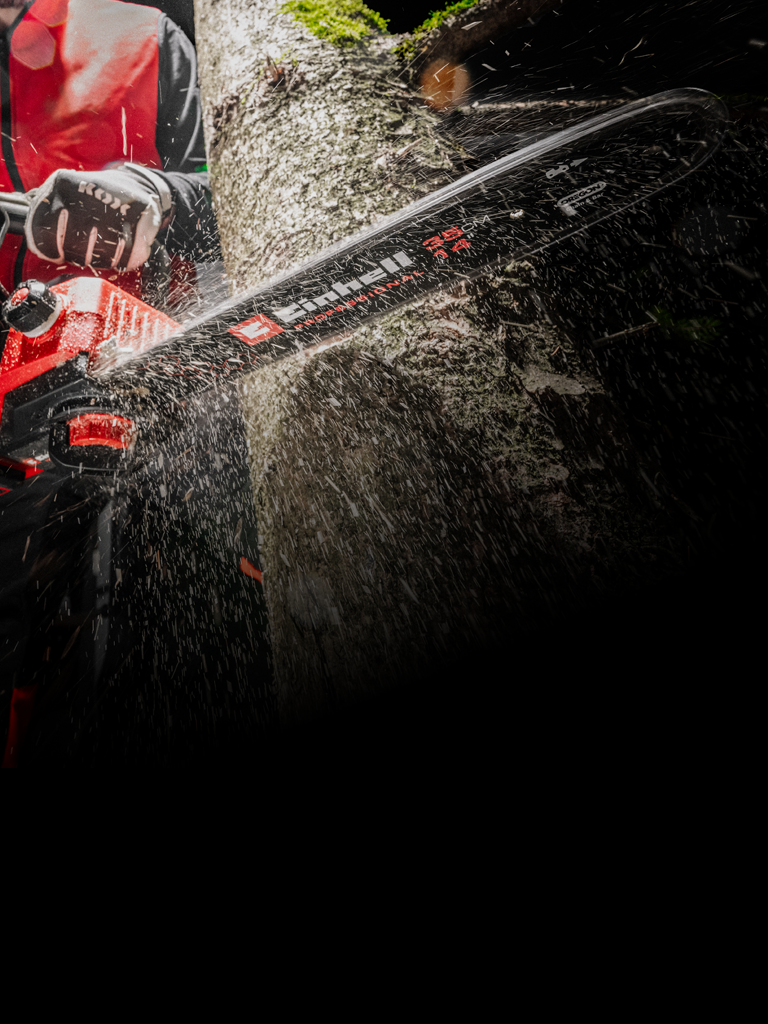 A man in red protective clothing saws into a tree with a chainsaw.